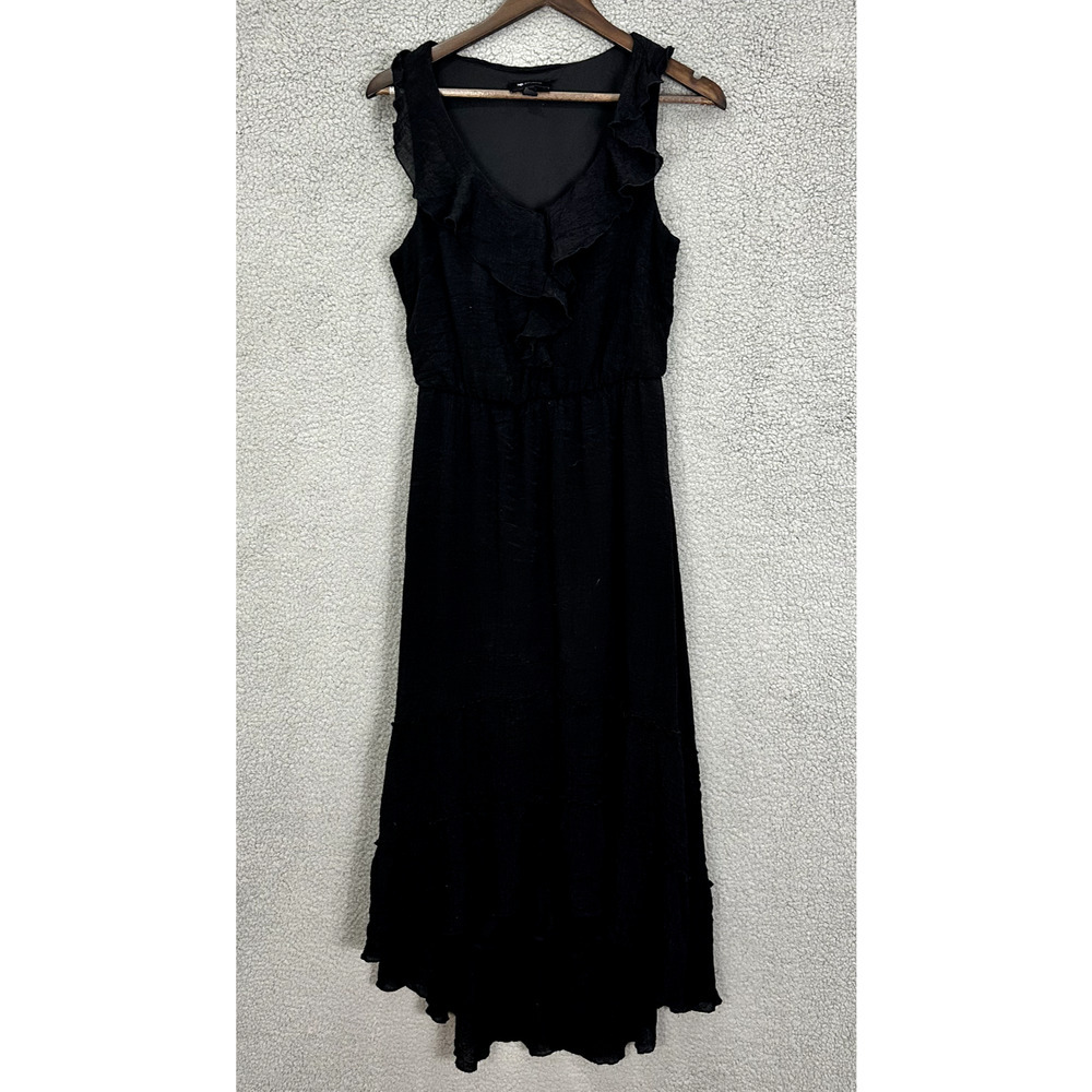 AB Studio Maxi Dress Womens Medium Black Sleeveless Ruffle Hi Low Boho Feminine